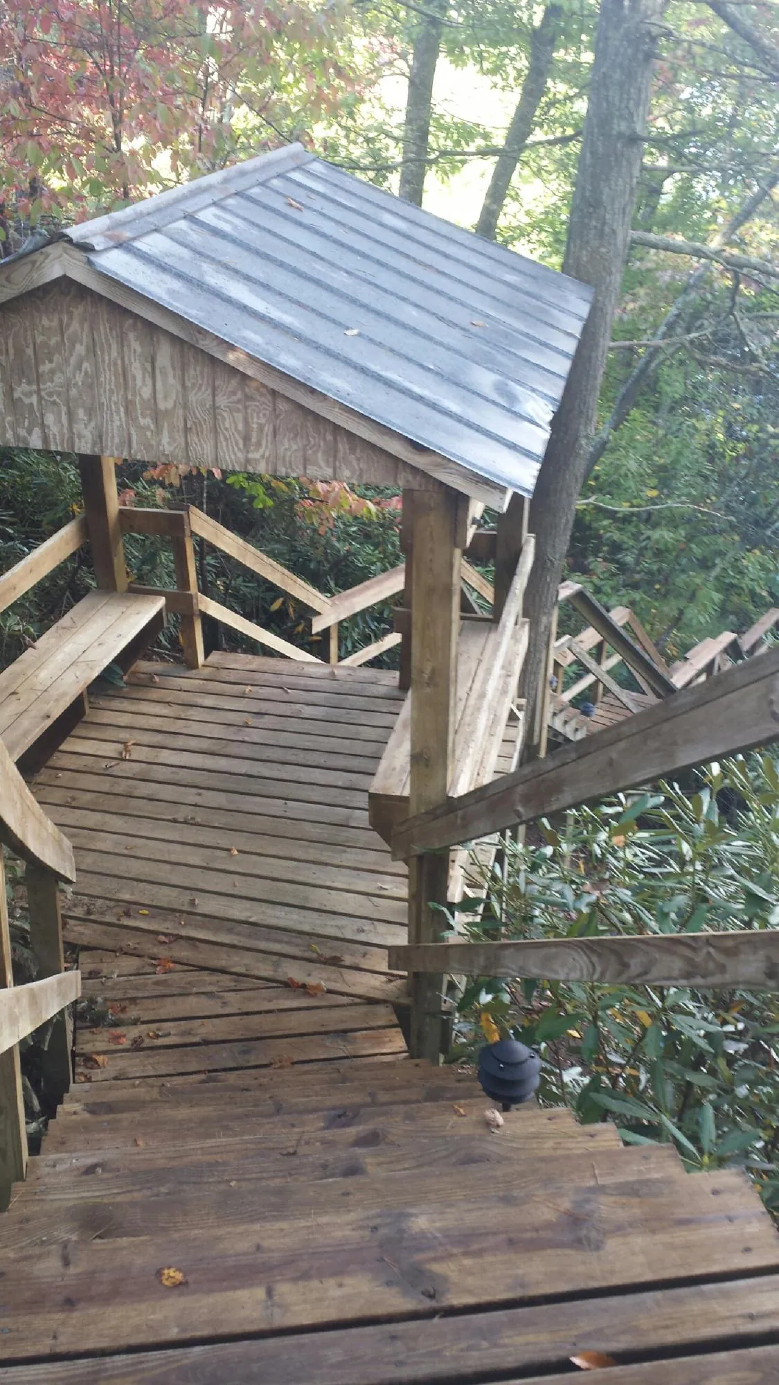 Metal roofed shelter over wooden steps on a wooded walkway — Skylight Repair & Installation work by our crew in Madison Heights